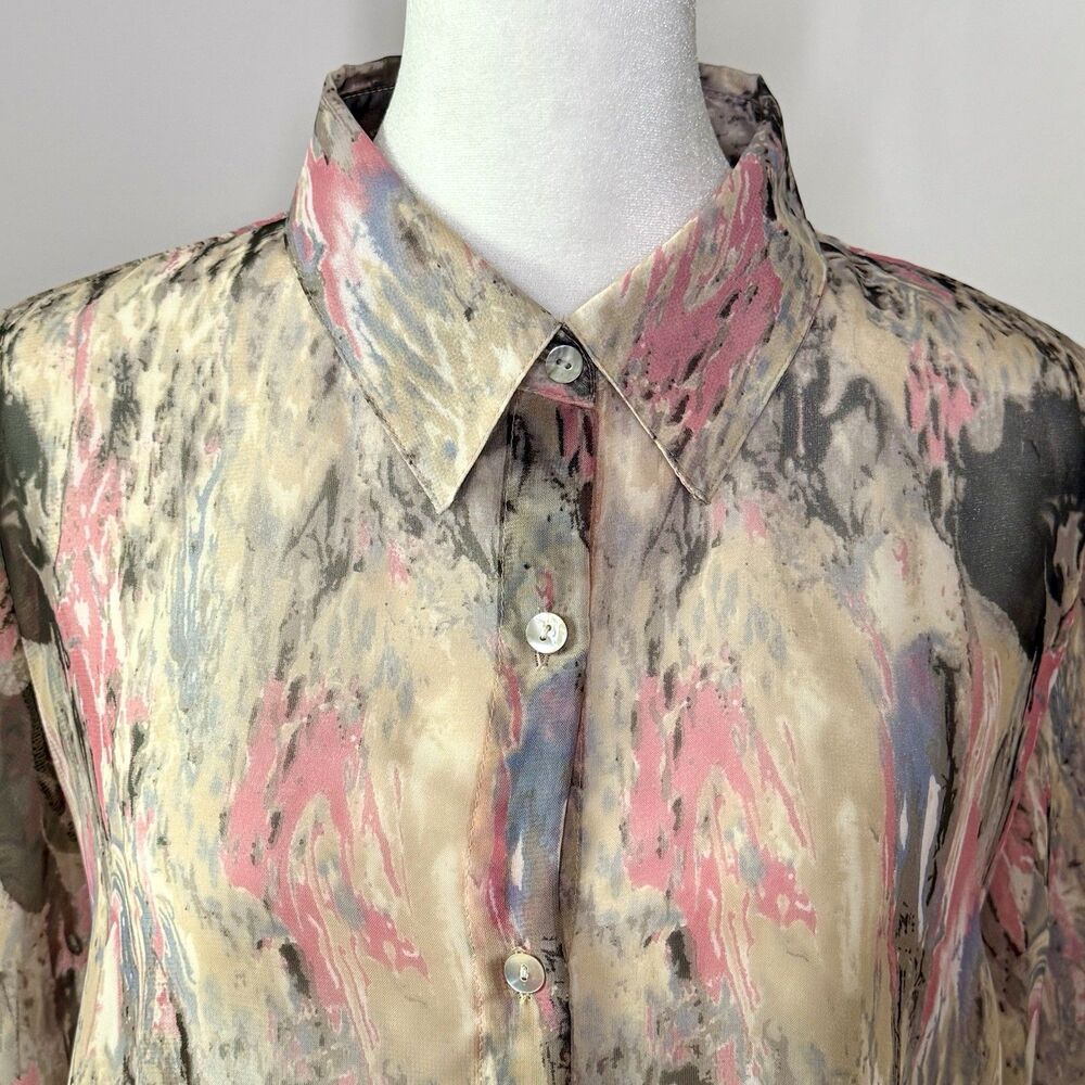 NICOLA - 3/4 Sleeve Blouse Button Down Sheer Women's L Tan Rose Watercolor Boho